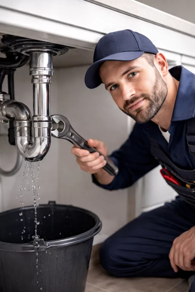 Plombier réparant une fuite sous l'évier